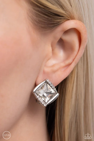 Paparazzi Sparkle Squared - White Clip-On Earrings